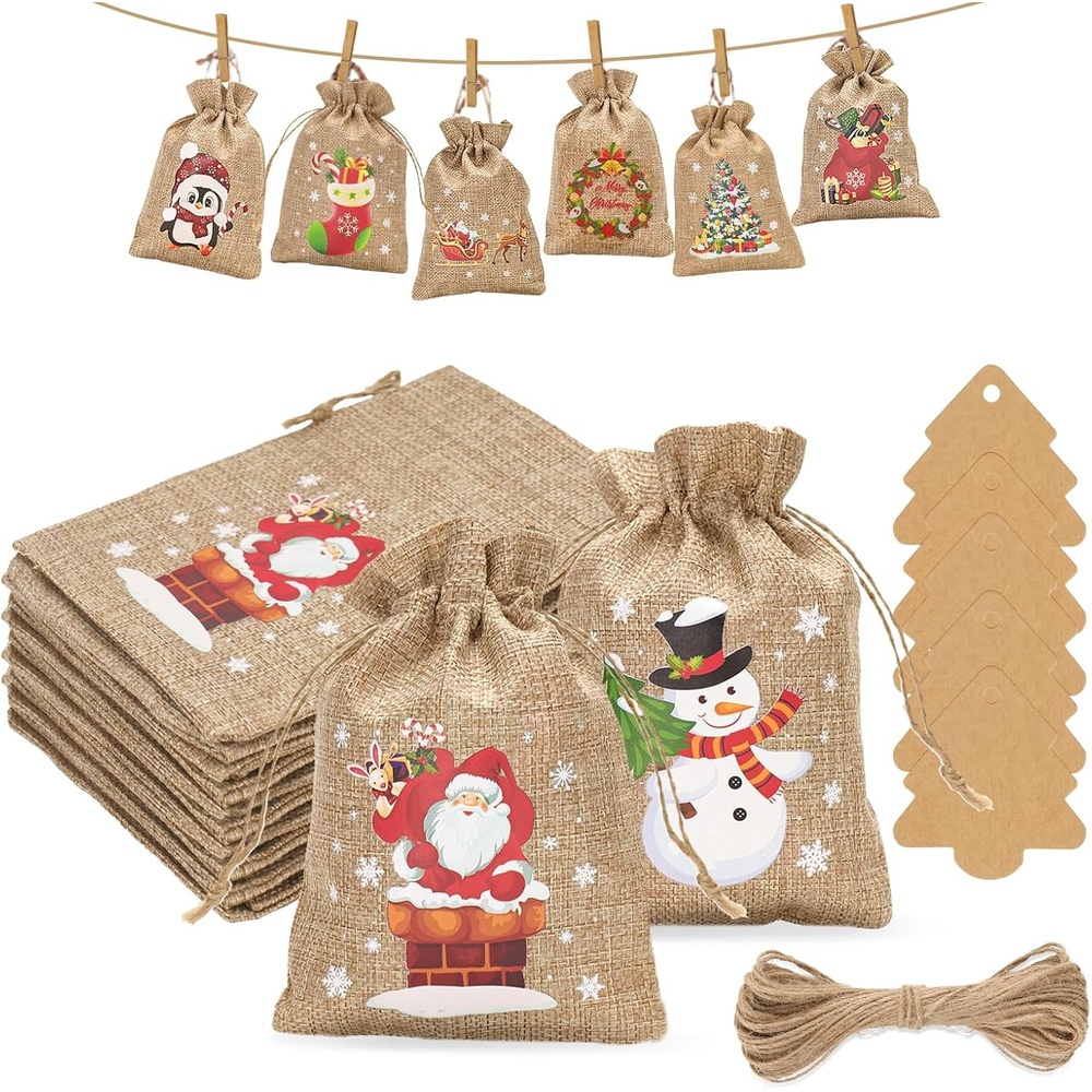 image:imageG2PLUS Christmas Drawstring Burlap Gift Bags  24 Pack Christmas Advent Calendar Bags 8 Designs 46 inches Goodie Gift Bag with Xmas Tree Tags for Xmas Holiday Party Favors4X6 Snowman