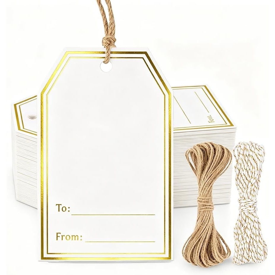 image:imageG2PLUS Gift Tags with String 100PCS White Blank Gift Wrapping Tag 33x22 in Pink Paper for Birthday Wedding Baby Bridal Shower DIY CraftGold Double Border  To From