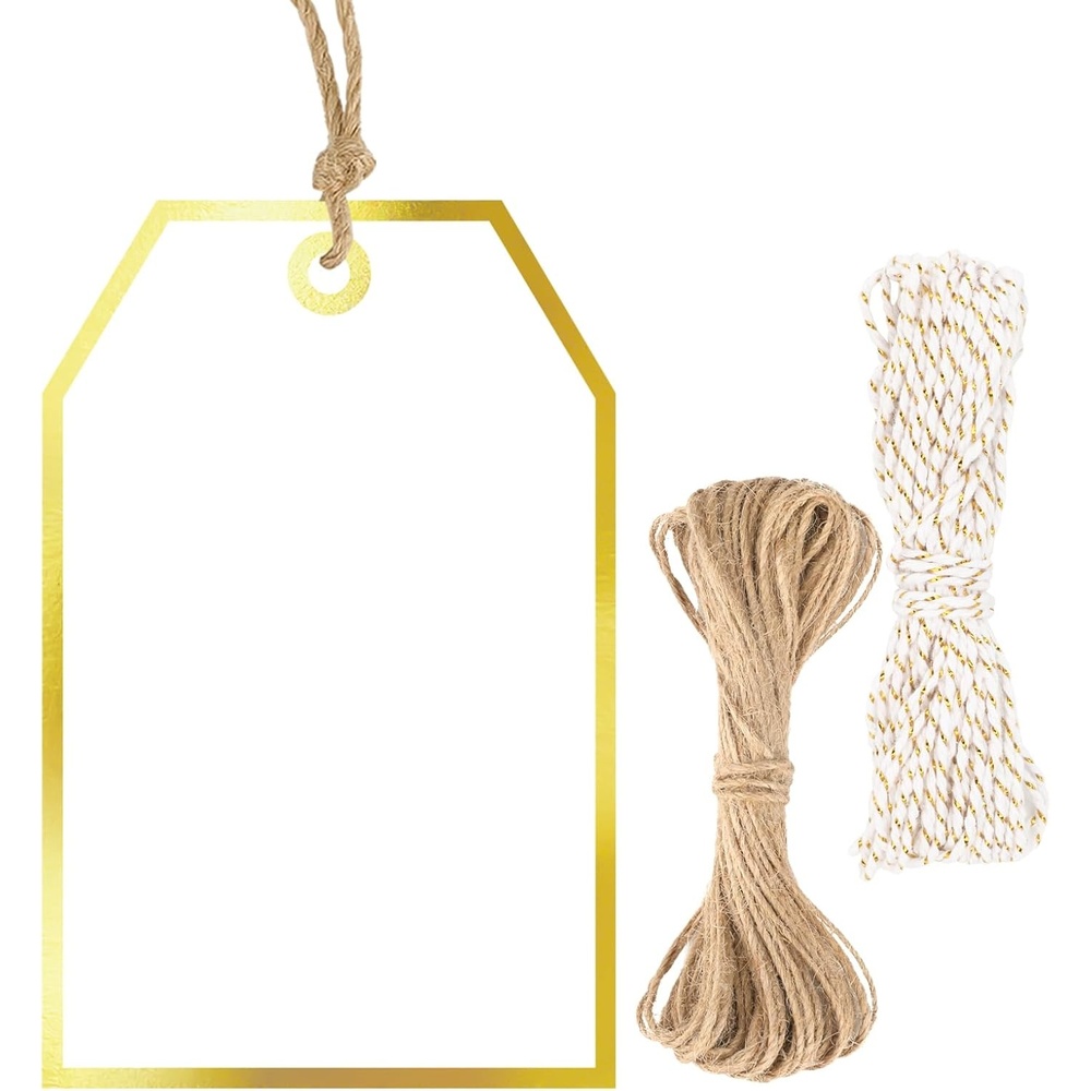 image:imageG2PLUS Gift Tags with String 100PCS White Blank Gift Wrapping Tag 33x22 in Pink Paper for Birthday Wedding Baby Bridal Shower DIY CraftGold Single Border