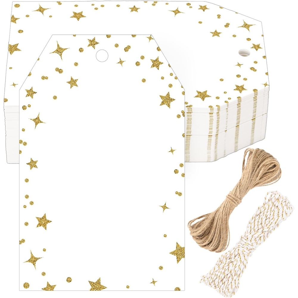 image:imageG2PLUS Gift Tags with String 100PCS White Blank Gift Wrapping Tag 33x22 in Pink Paper for Birthday Wedding Baby Bridal Shower DIY CraftGold Star Dots Border