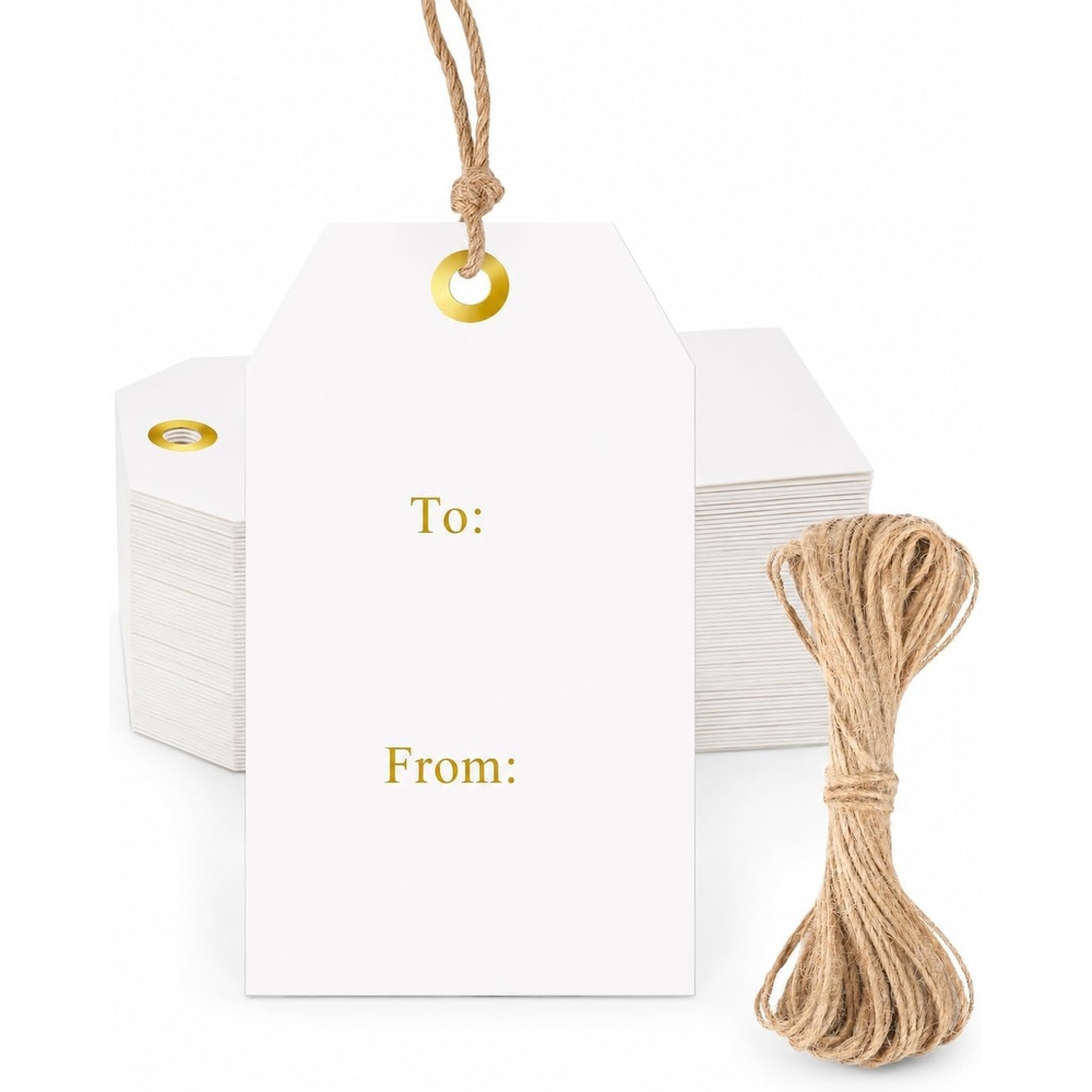 image:imageG2PLUS Gold Foil Dots Gift Tags 50 Pcs White Paper HangTags with String Metallic Gold Dots Present Tags Personalized Blank Labels for Wedding Birthday Party Favors 334216to fromGold Hole Dots