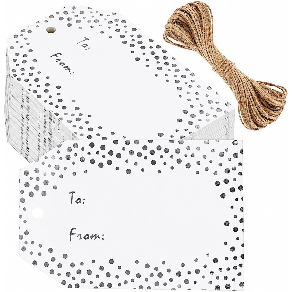 image:imageG2PLUS Gold Foil Dots Gift Tags 50 Pcs White Paper HangTags with String Metallic Gold Dots Present Tags Personalized Blank Labels for Wedding Birthday Party Favors 334216to fromSilver Dots