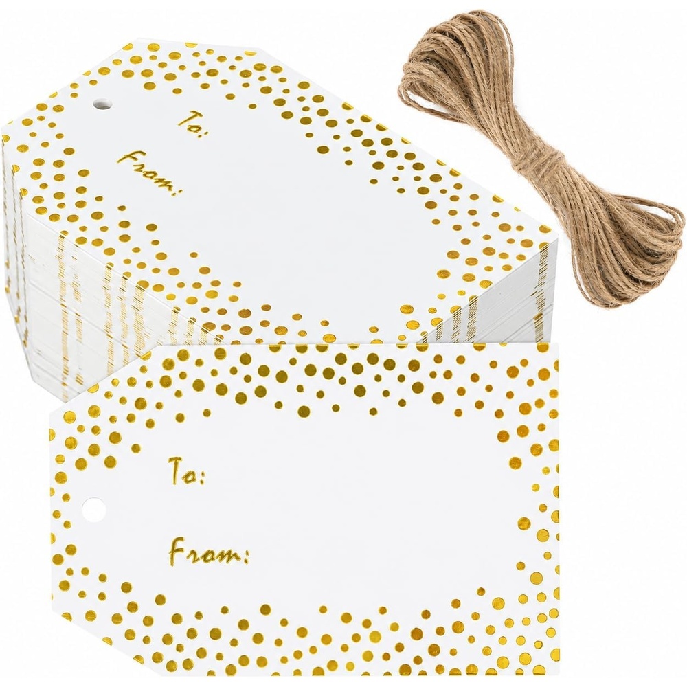 image:imageG2PLUS Gold Foil Dots Gift Tags 50 Pcs White Paper HangTags with String Metallic Gold Dots Present Tags Personalized Blank Labels for Wedding Birthday Party Favors 334216to fromGold Dots