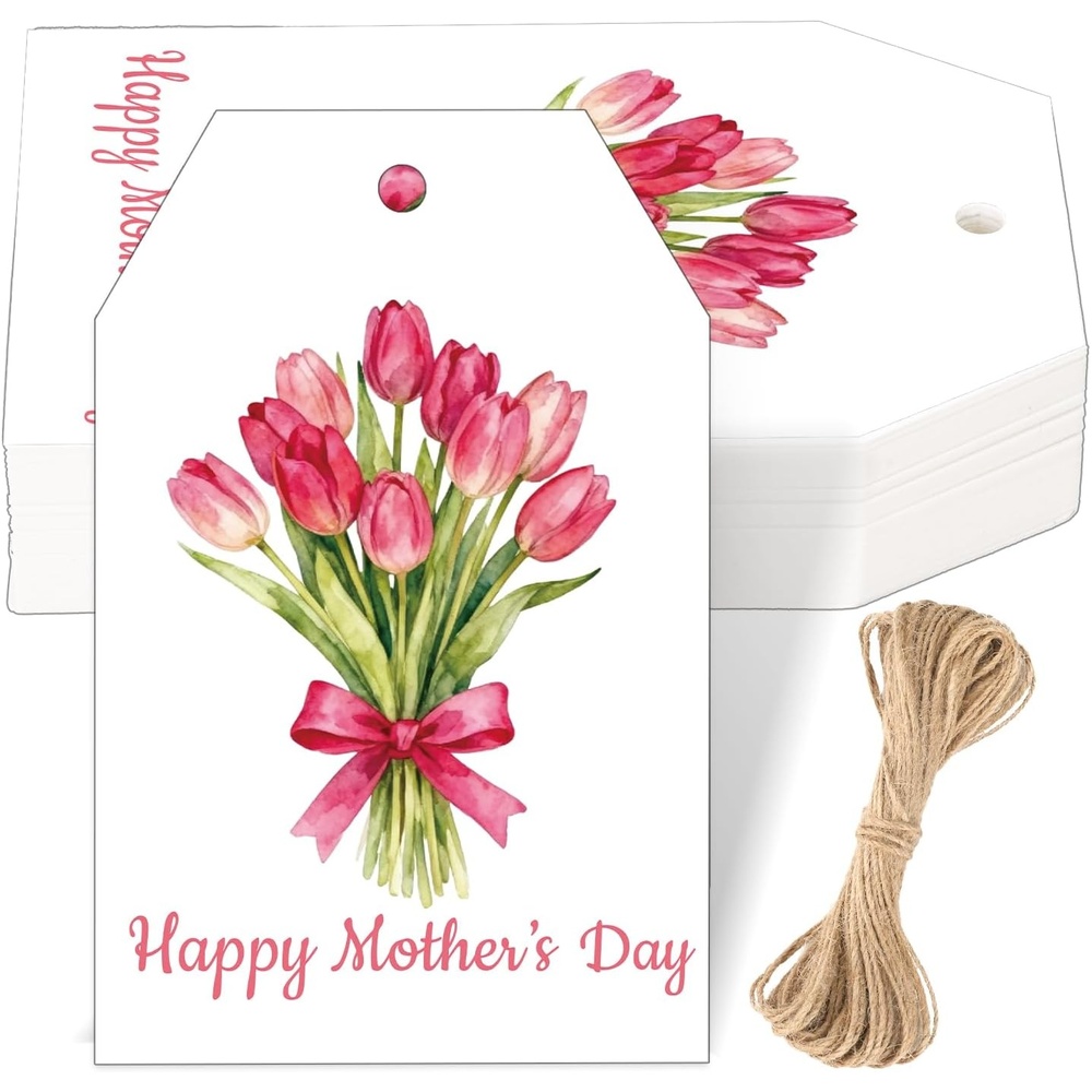 image:imageG2PLUS Mothers Day Gift Tags  50Pcs Happy Mothers Day Tags with String Pink Tuilp Bouquet Gift Tags Hanging Labels for Gift Wrapping Moms Birthday Party FavorsHappy Mothers  Tulip