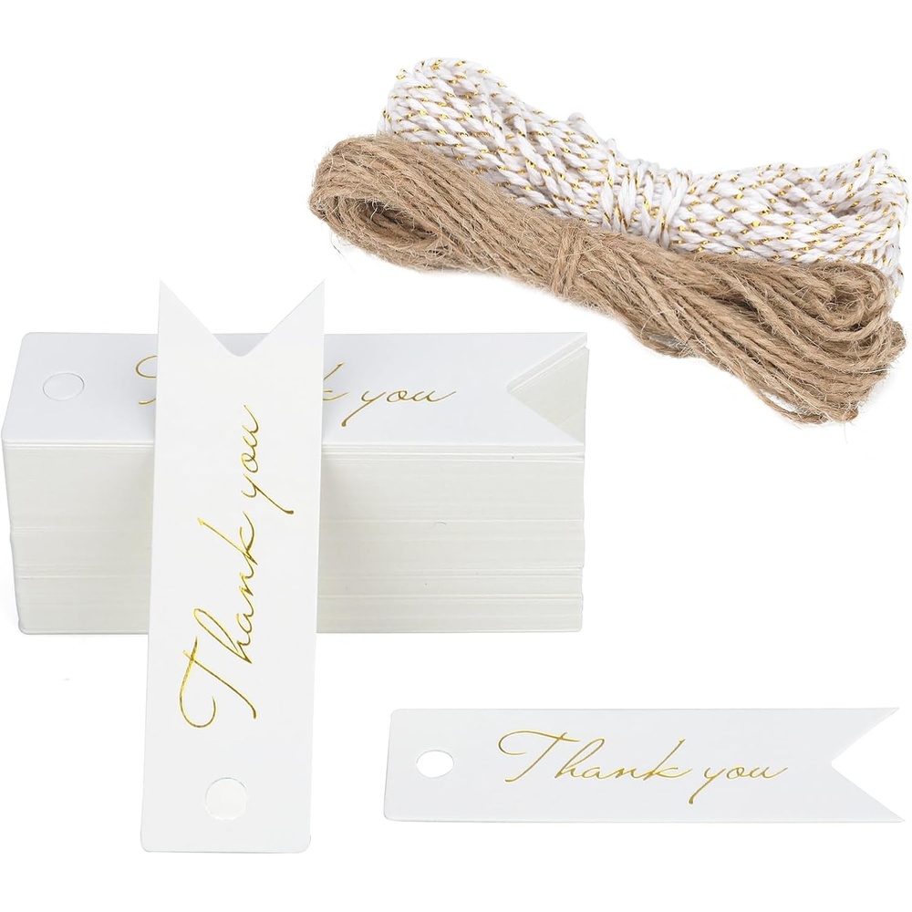 image:imageG2PLUS Small Merry Christmas Tags  100Pcs Deer Kraft Paper Gift Tags with String for Gift Wrapping Goodies Bags Christmas Holiday Party Favors28x08Small White Goldthank You