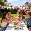 image:imageG2PLUS 108Ft Cotton Triangle Bunting Banner  12pcs Blue and Green Floral Fabric Pennant Flag with Tassels Double Side Triangle Banner Garland for Weddings Birthdays Garden amp Baby ShowersPink and Gray