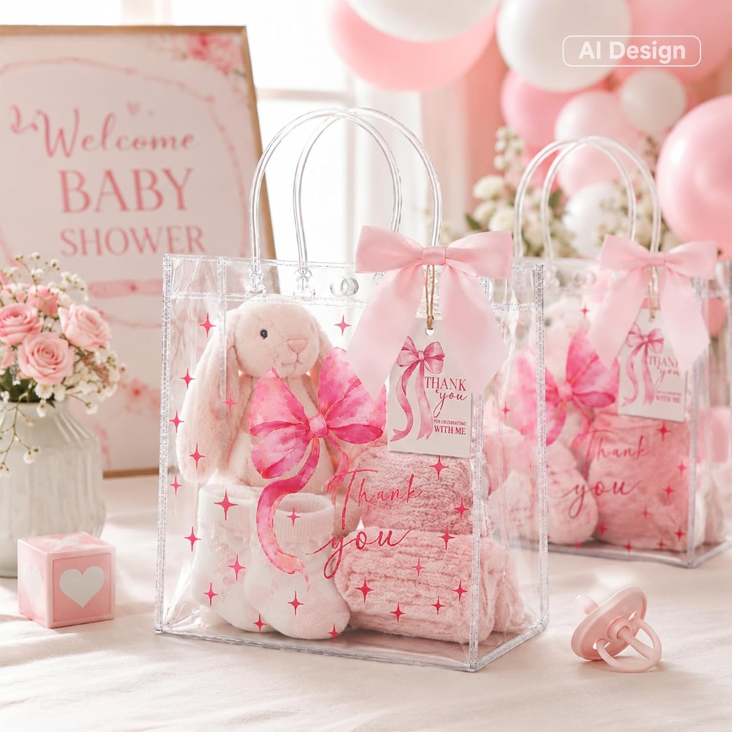 image:imageG2PLUS 24PCS Pink Bow Gift Bags with Handles Clear PVC Plastic Goodie Bag  79x79x28in Party Favor Bag with Bownot and Thank You Tags Reusable for Weddings Baby Showers Birthdays and GiftsPink