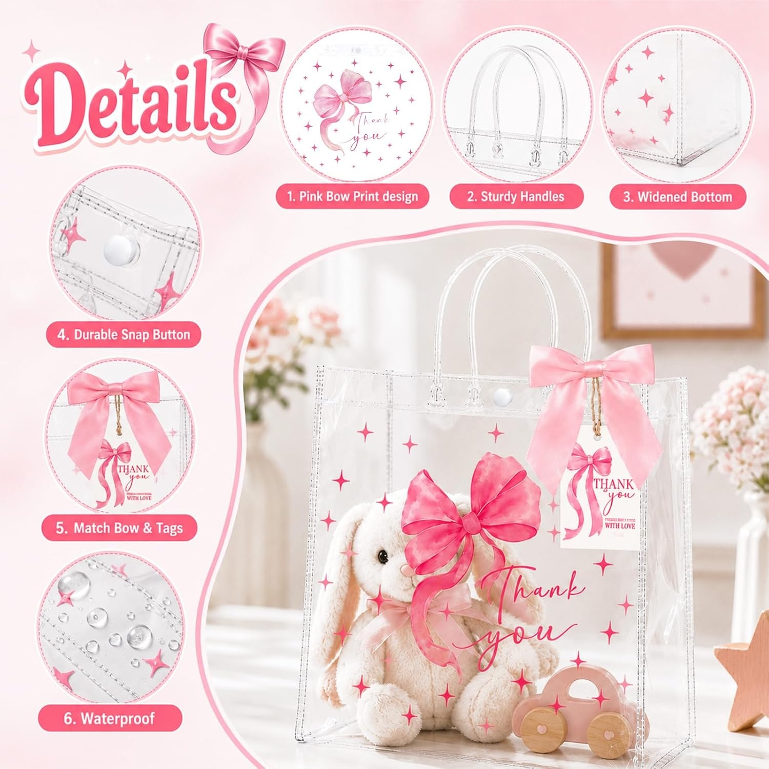image:imageG2PLUS 24PCS Pink Bow Gift Bags with Handles Clear PVC Plastic Goodie Bag  79x79x28in Party Favor Bag with Bownot and Thank You Tags Reusable for Weddings Baby Showers Birthdays and GiftsPink