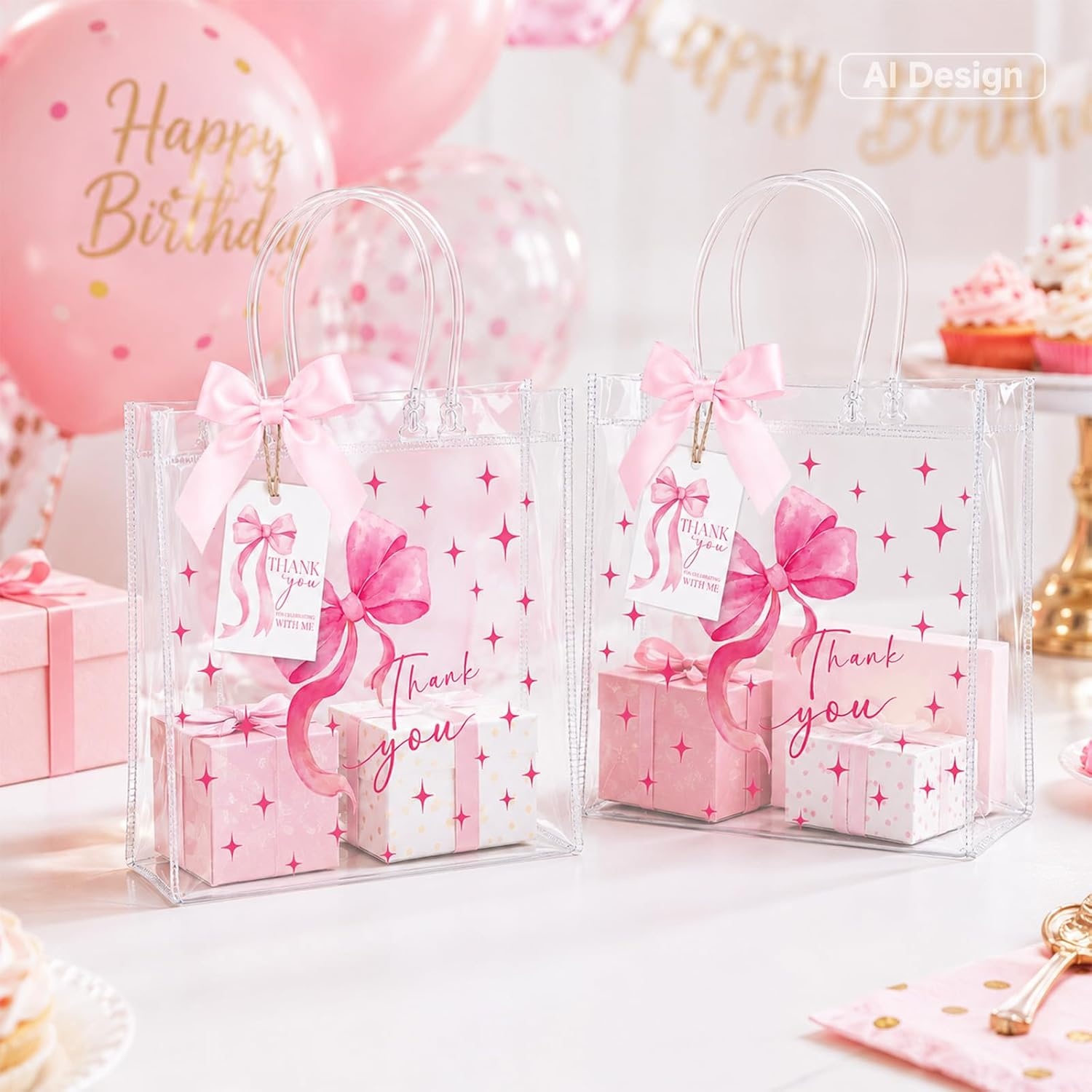 image:imageG2PLUS 24PCS Pink Bow Gift Bags with Handles Clear PVC Plastic Goodie Bag  79x79x28in Party Favor Bag with Bownot and Thank You Tags Reusable for Weddings Baby Showers Birthdays and GiftsPink