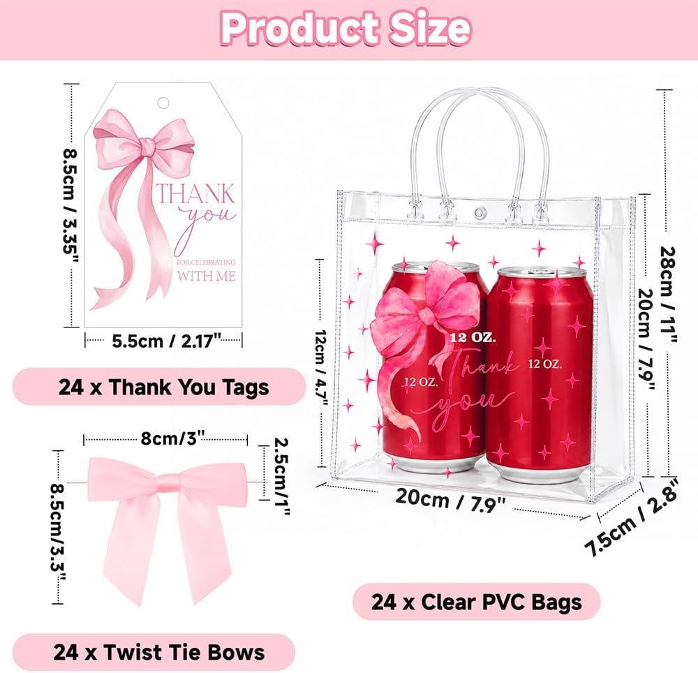 image:imageG2PLUS 24PCS Pink Bow Gift Bags with Handles Clear PVC Plastic Goodie Bag  79x79x28in Party Favor Bag with Bownot and Thank You Tags Reusable for Weddings Baby Showers Birthdays and GiftsPink