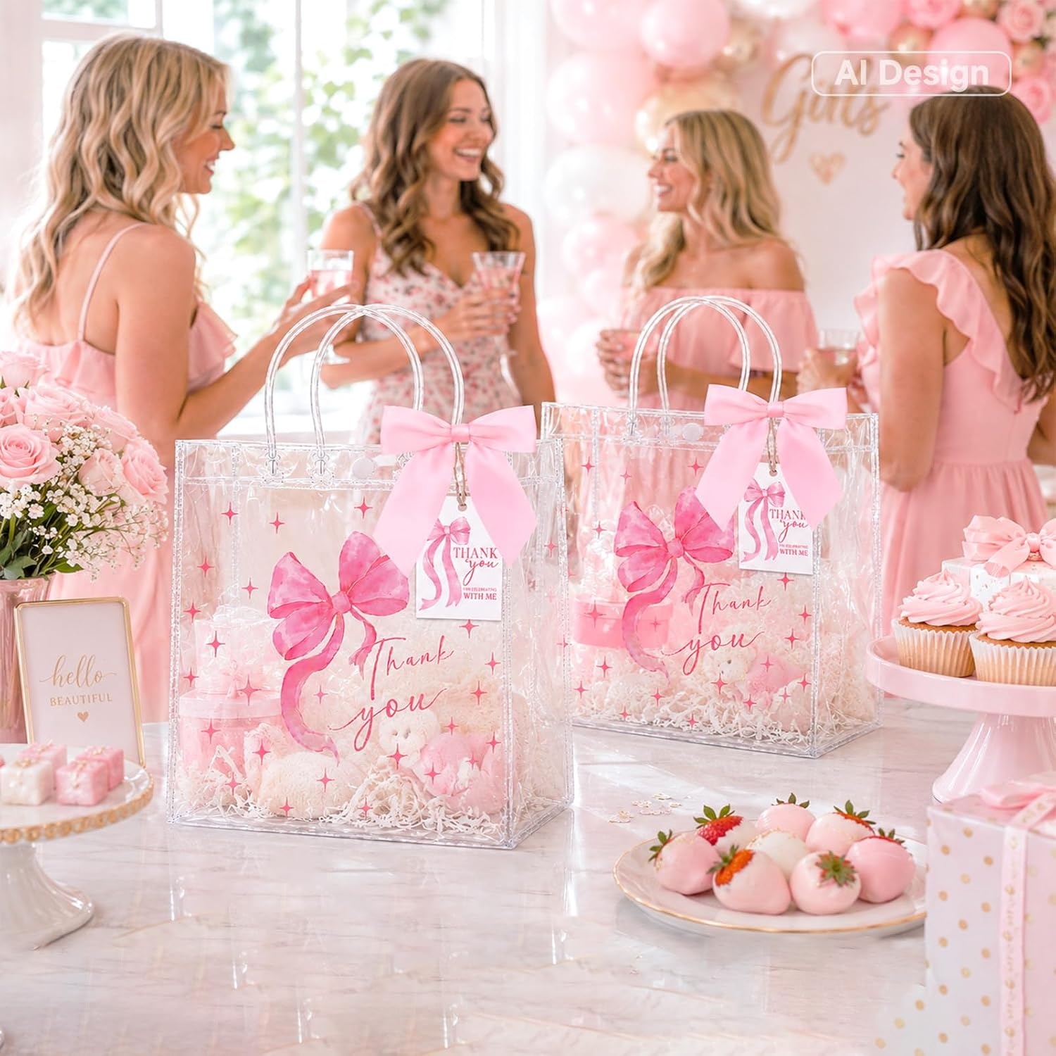 image:imageG2PLUS 24PCS Pink Bow Gift Bags with Handles Clear PVC Plastic Goodie Bag  79x79x28in Party Favor Bag with Bownot and Thank You Tags Reusable for Weddings Baby Showers Birthdays and GiftsPink