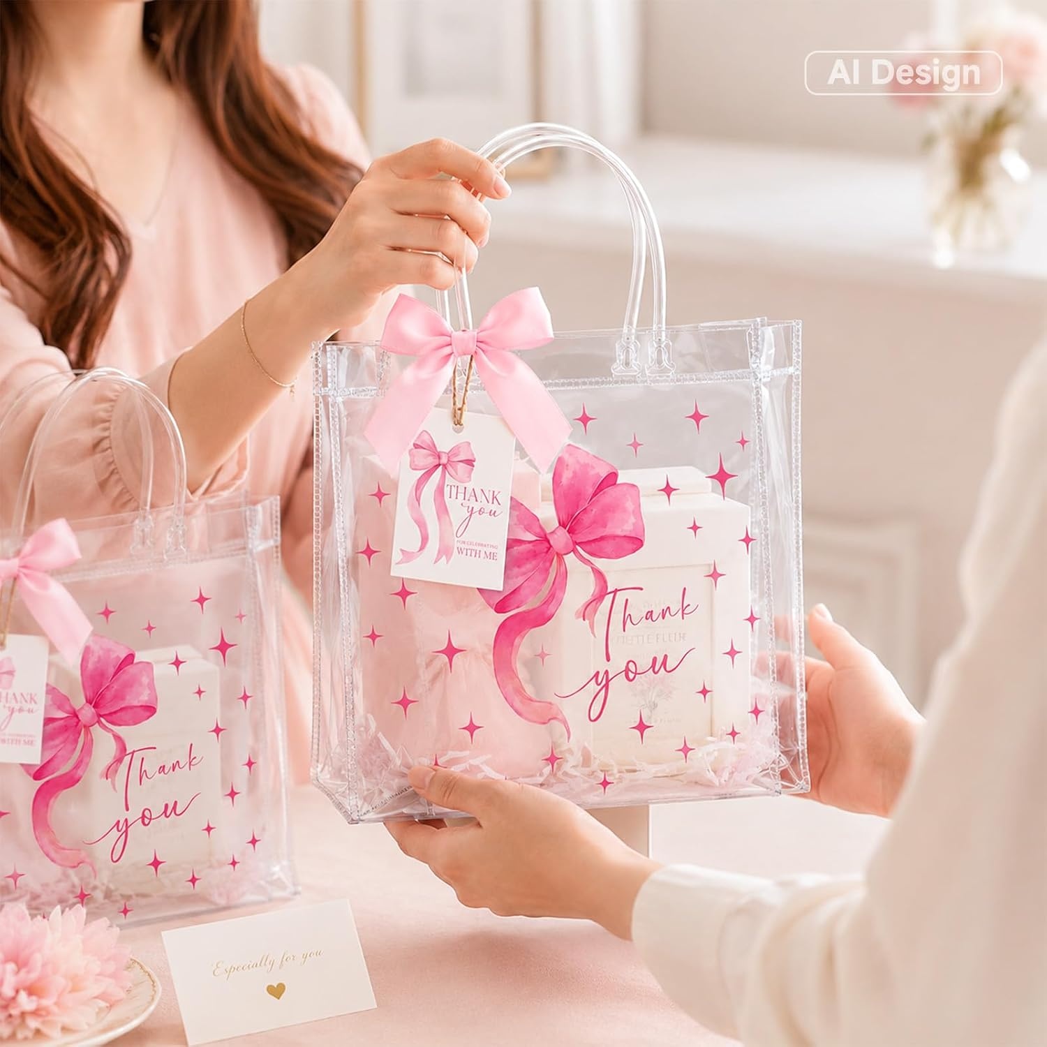 image:imageG2PLUS 24PCS Pink Bow Gift Bags with Handles Clear PVC Plastic Goodie Bag  79x79x28in Party Favor Bag with Bownot and Thank You Tags Reusable for Weddings Baby Showers Birthdays and GiftsPink