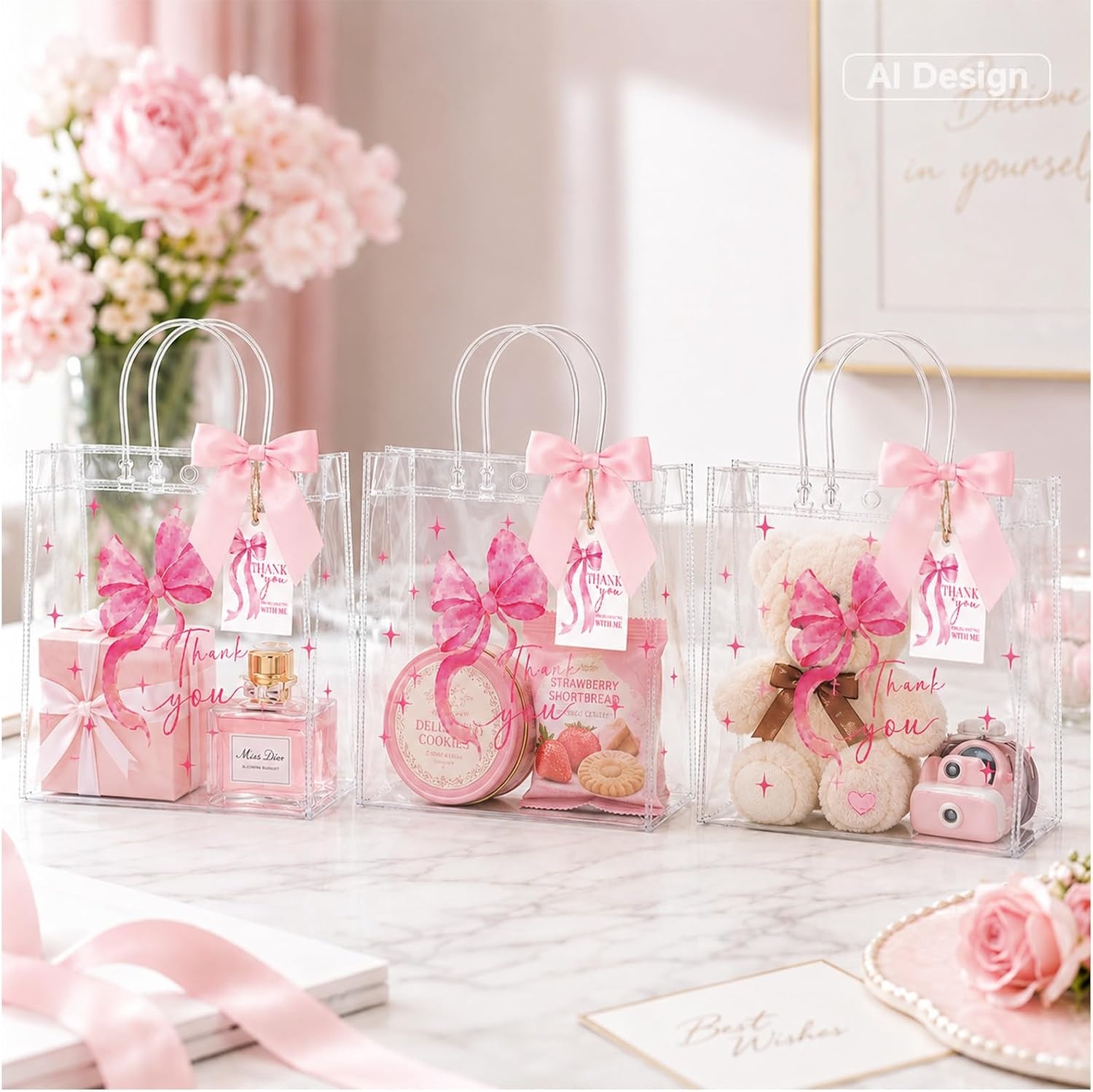 image:imageG2PLUS 24PCS Pink Bow Gift Bags with Handles Clear PVC Plastic Goodie Bag  79x79x28in Party Favor Bag with Bownot and Thank You Tags Reusable for Weddings Baby Showers Birthdays and GiftsPink