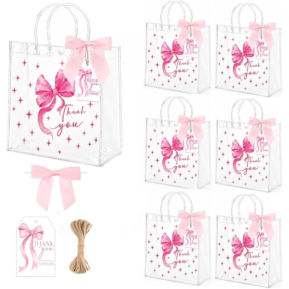 image:imageG2PLUS 24PCS Pink Bow Gift Bags with Handles Clear PVC Plastic Goodie Bag  79x79x28in Party Favor Bag with Bownot and Thank You Tags Reusable for Weddings Baby Showers Birthdays and GiftsPink